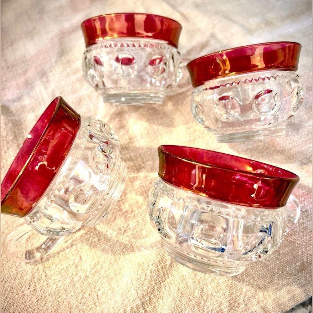 Stunning 1940s Tiffin Franciscan Kings Crown Thumbprint Ruby Red Flashed 8pc Set - Picture 8 of 16